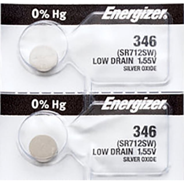2 x Energizer 346 Watch Batteries, SR712SW Battery shown in packaging. Each coin cell battery is labeled as silver oxide with 1.5V low drain and 0% mercury. Suitable for watches, calculators, car starters, keyless remotes, health monitors, and glucose monitors.