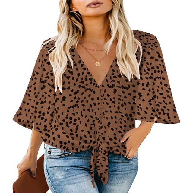 CHUANK Women‘s Button Down V Neck Tops Ruffled 3/4 Sleeve Tie Knot Front Blouses White Sizes S-2XL