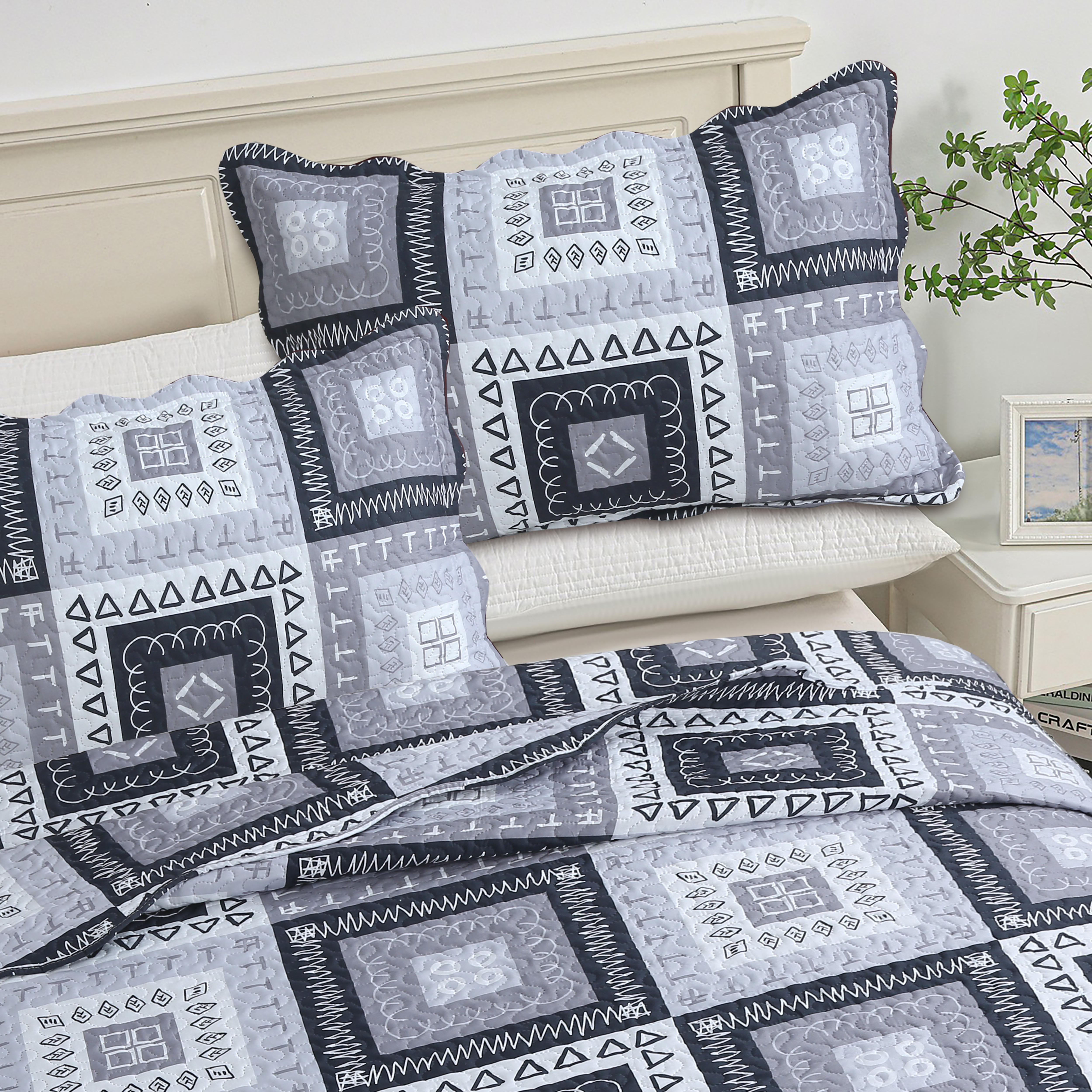 Marina Decoration Home Bedroom Pinsonic Bedding Coverlet Bedspread Ultra Soft 3 Piece Summer Embossed Printed Quilt Set with 2 Shams, Modern Grey Patchwork Geometric Pattern King