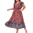 thumbnail image 1 of GRACE & GRANDEUR Robe Grande Taille pour Femmes, Robes Bohèmes à Fleurs, Col en V, Manches à Volants, Robe Évasée d'Été pour la Plage 4X Rouge, 1 of 6