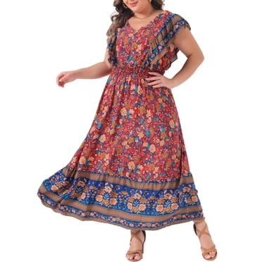 GRACE & GRANDEUR Robe Grande Taille pour Femmes, Robes Bohèmes à Fleurs, Col en V, Manches à Volants, Robe Évasée d'Été pour la Plage 4X Rouge