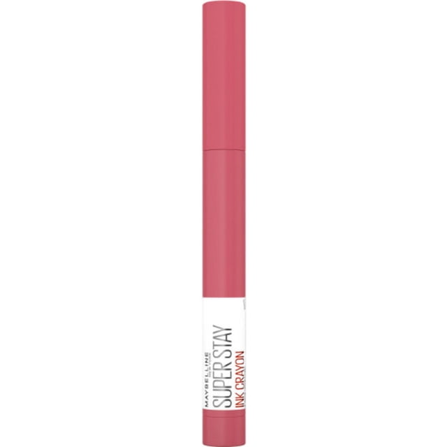 Super Stay®Ink Crayon Lipstick in matte pink with a white label showing the product name, featuring lasting ink technology for up to 8-hour matte lip colour and a built-in sharpener for precise, smudge-resistant application, ideal for all-day wear.