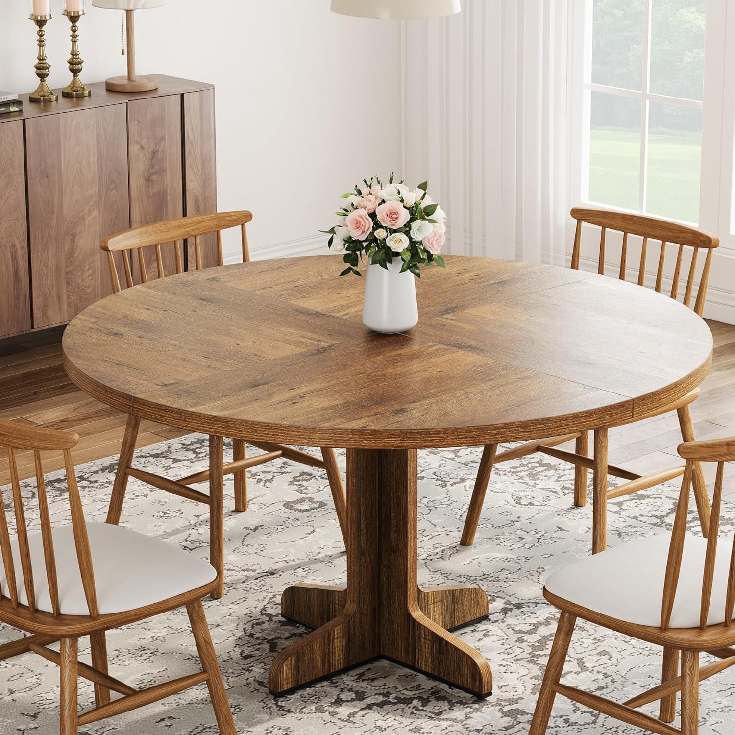 Kojooin Round Dining Table for 4, 47 Inches Dining Room Table with Wooden Base, Circle Kitchen Dinner Table for Dining Room, Kitchen, Living Room (Table Only)