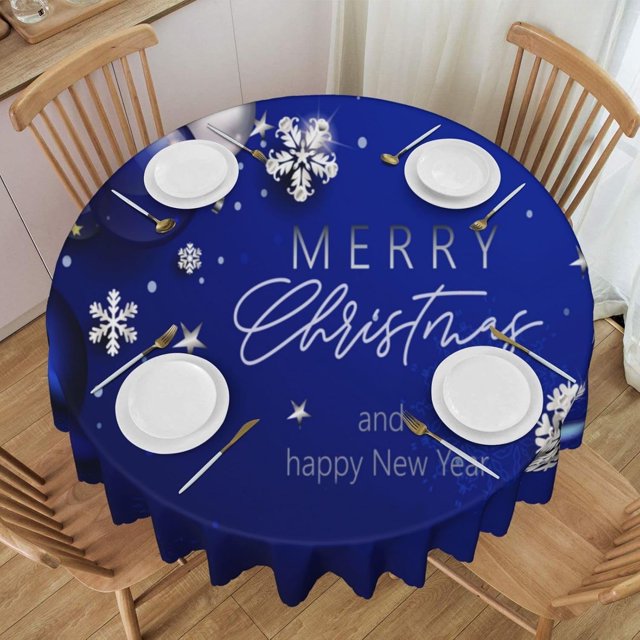 Tablecloth Christmas Blue Ball Fir Branch Snowflake Round 60 x 60 Inch Table Cover Polyester Stain and Wrinkle Resistant Table Cloth for Kitchen Dining Coffee Party