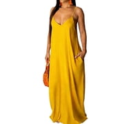 cfhntfmh Womens Spring Maxi Dresses Loose Long Summer Sun Dresses Spaghetti Strap V Neck Summer Beach Travel Dresses