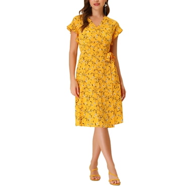 INSPIRE CHIC Robe Portefeuille à Volants et Poignets à Fleurs pour Femme Noir P