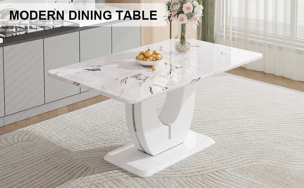 Noble House Table de salle à manger moderne en MDF 160 cm, plateau texturé marbre gris, blanc