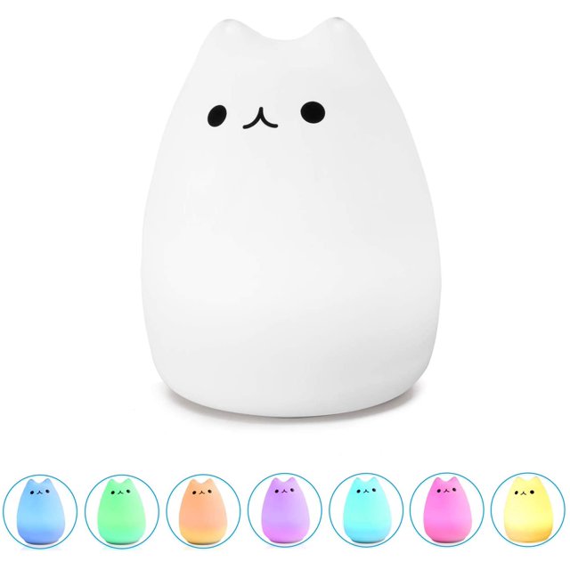 Portable Cute Kitty Silicone LED Night Lamp,USB Rechargeable Children Night Light with Warm White & 7-Color Breathing Modes, Touch Sensor Control, for Baby, Kids, Adults