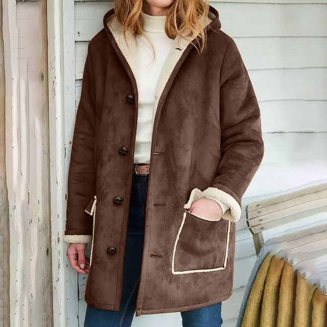 LOVZFMLL Jackets for Women Winter Warm Composite Button Hooded Jacket Outwear Solid Color Coat