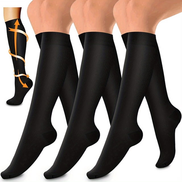 3 pairs of copper compression socks for blood circulation with 15-20mm Hg compression. These black knee-high socks are suitable for both women and men, featuring a snug fit and graduated compression to support circulation and reduce swelling.