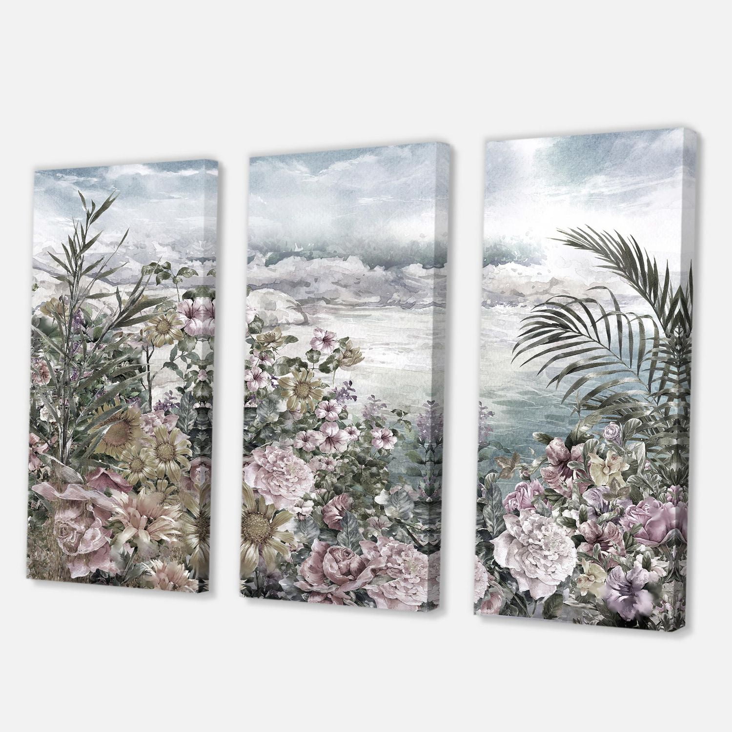 Designart Retro Flowers By The Sea Side Canvas Wall Art