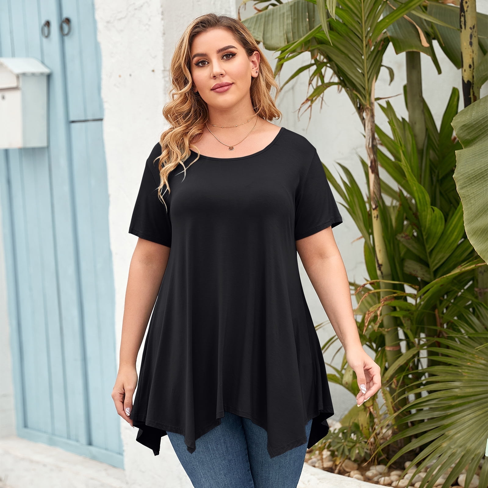 LARACE Plus Size Tunic Tops for Women Pleated Flowy Short Sleeve Shirts Black 5X