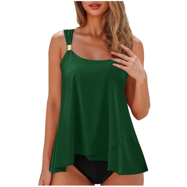 Flowy Ruffle Tankini Swimsuits for Women Beach Summer 2 Piece High Waist Bathing Suits Pool Modest Swimwear Mint Green, XL