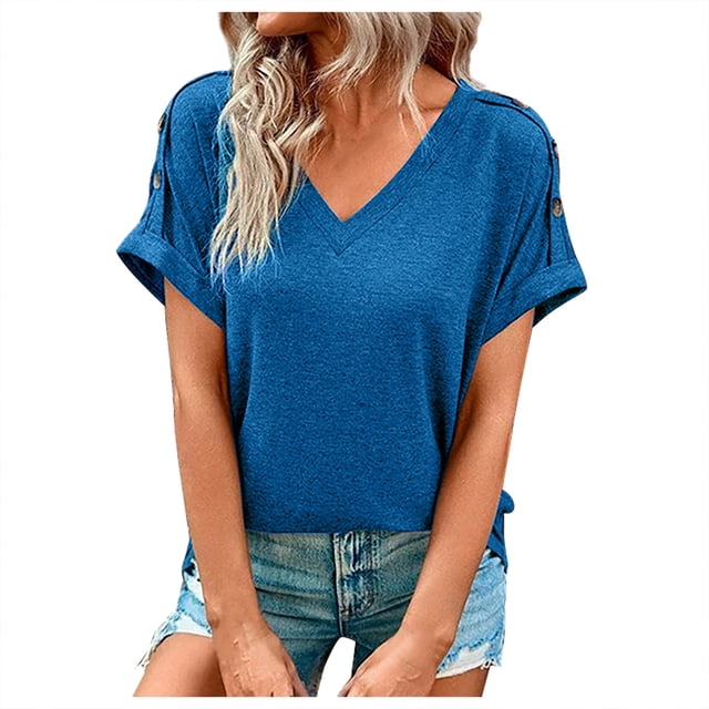 Timegard Tops for Women V Neck Short Sleeve Button Comfy Summer Casual Loose Tops Tee Solid Color. A relaxed-fit, short-sleeve V-neck top in a solid blue color, featuring button accents on the sleeves and a lightweight, breathable fabric. Styled with denim shorts, ideal for summer, spring, or fall wear.