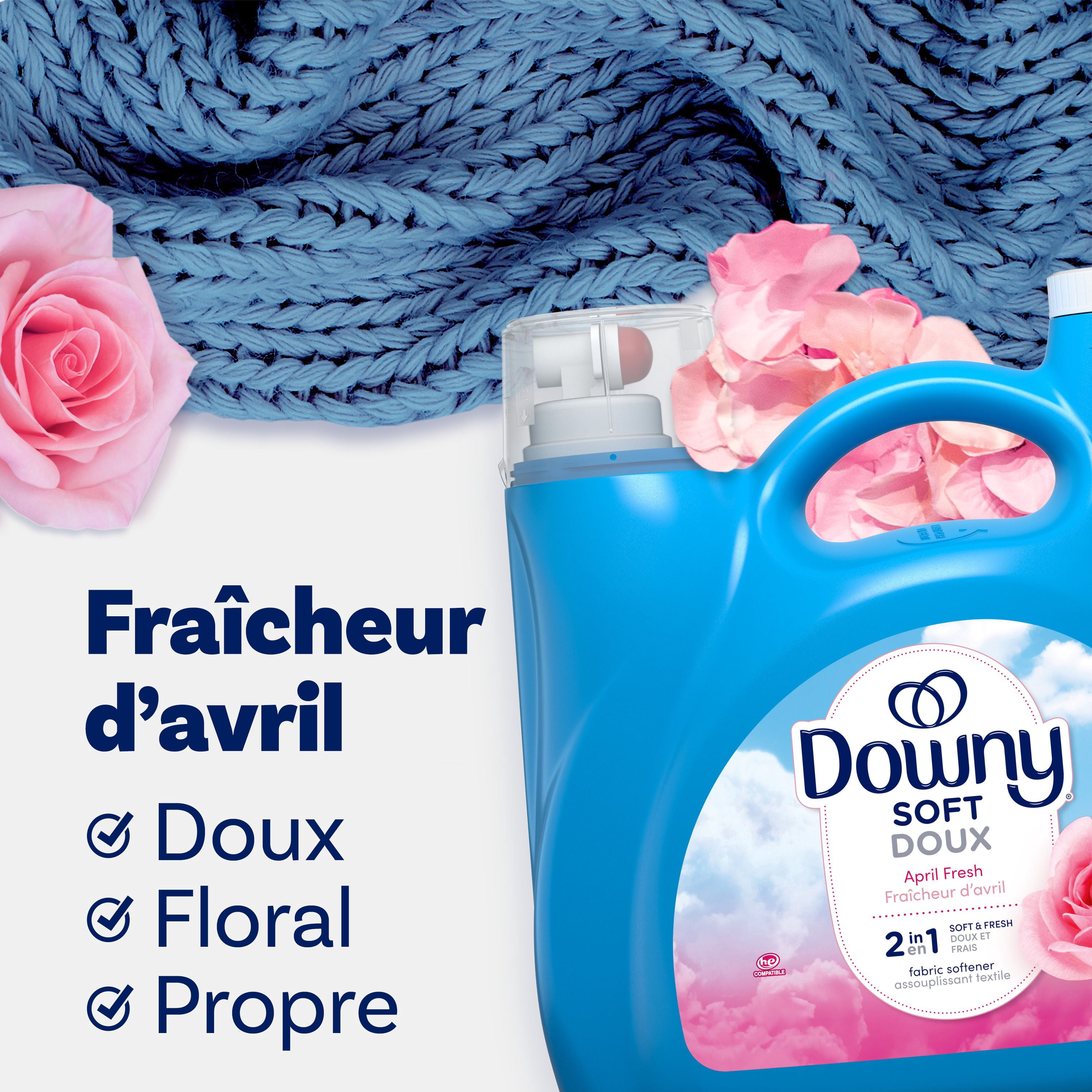 Assouplissant textile liquide Downy Doux, parfum Fraîcheur d’avril, 190 brassées, 4.16 L