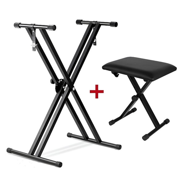 Keyboard Stand and Bench Set, Foldable Double X Keyboard Stand Music Electronic Piano Stands + X Style Adjustable Padded Piano Keyboard Bench Seat