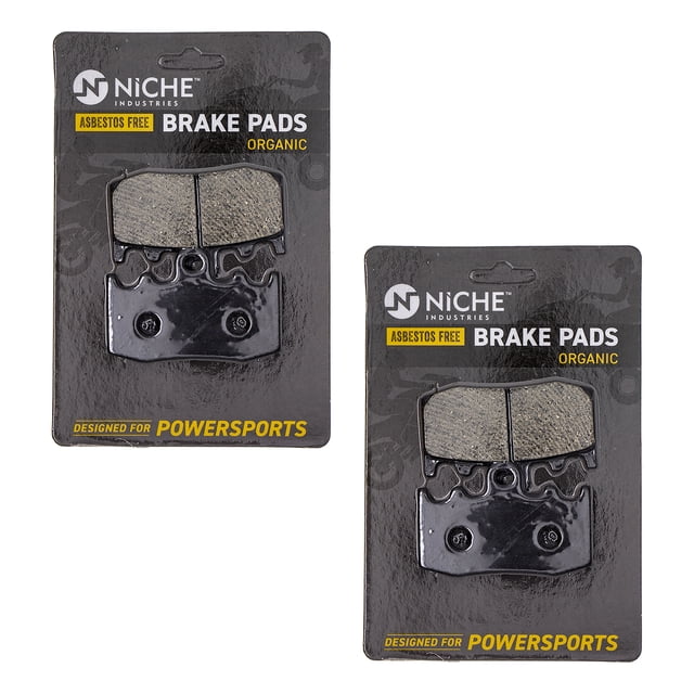 Niche Front Brake Pad Set for BMW R1100S Organic Motorcycle 2 Pack 519-KPA2401D. The image shows two packs of asbestos-free organic brake pads designed for powersports, compatible with various BMW motorcycle models including R1100S, R1200GS, and K1300S. Packaged in black with yellow and white branding.