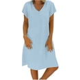 thumbnail image 2 of Robes Soleil pour Femmes 2023 Mode Décontractée Femmes Ample Col en V Été Uni Manches Courtes Robe en Coton et Lin Essayer avant d'Acheter Vêtements pour Femmes Robes en Liquidation, 2 of 5