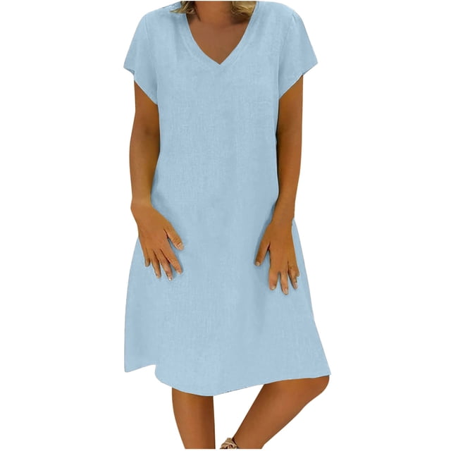 Cameland Robe d'Été Ample pour Femme à Col en V, Unie, à Manches Courtes, en Coton et Lin