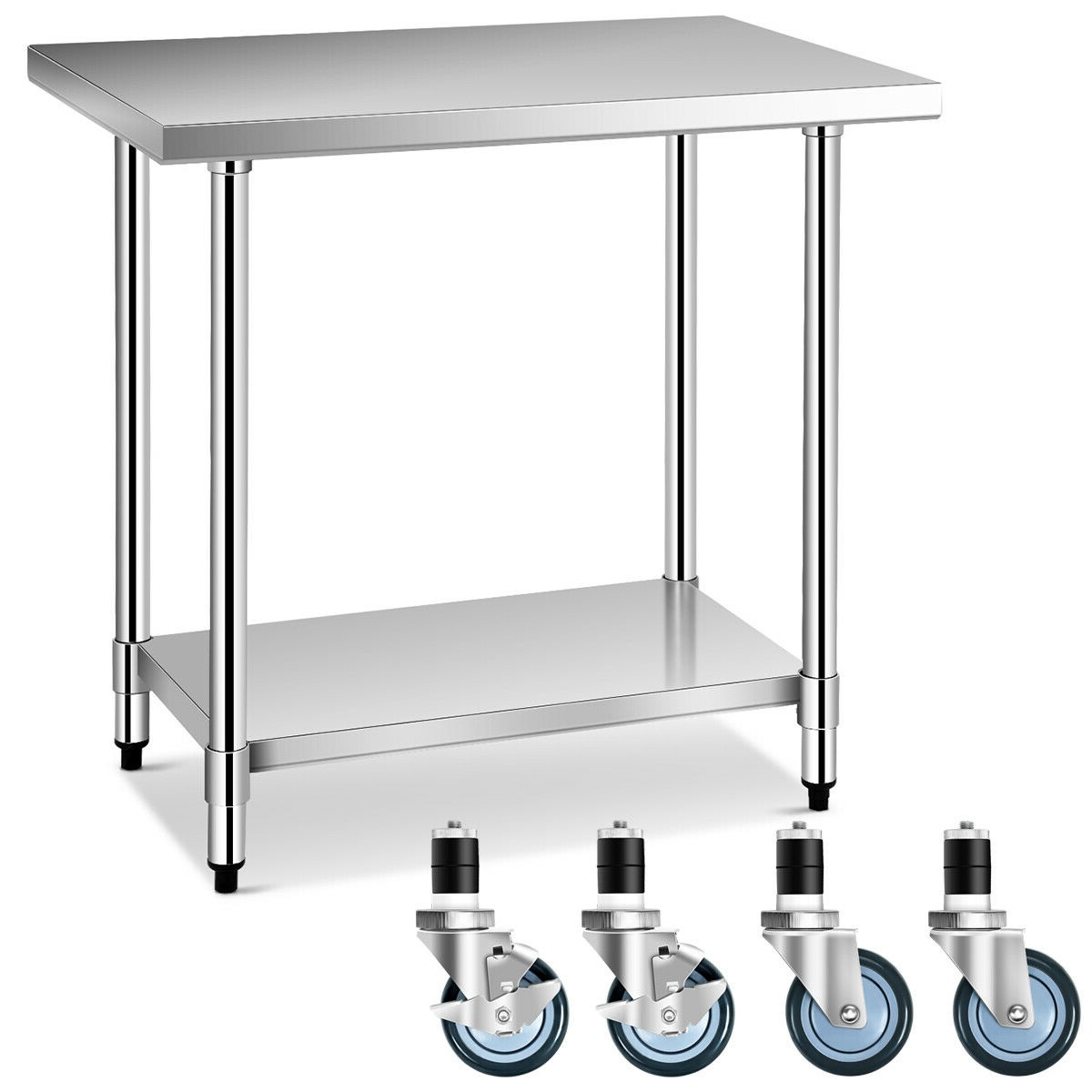 Gymax Table de Travail de Cuisine Commerciale en Acier Inoxydable 24 Pieds' x 36 Pieds' avec 4 Roues