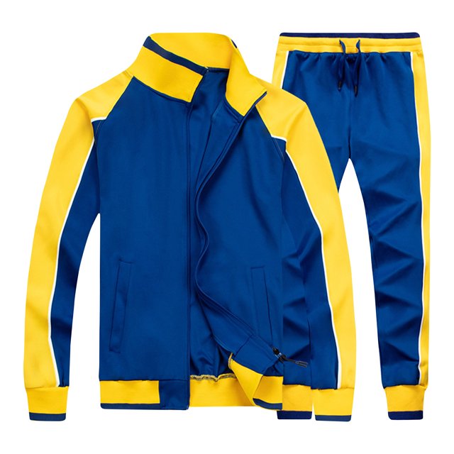 Men's Sports Pants Men's Color Blocked Sports Pants Zipper Pocket Long Sleeve Collar Set with a bold blue and yellow color block design. Includes a zippered long-sleeve jacket with a turn-down collar and matching drawstring pants. Made of lightweight polyester, ideal for athletic wear, casual outings, or training sessions across all seasons.