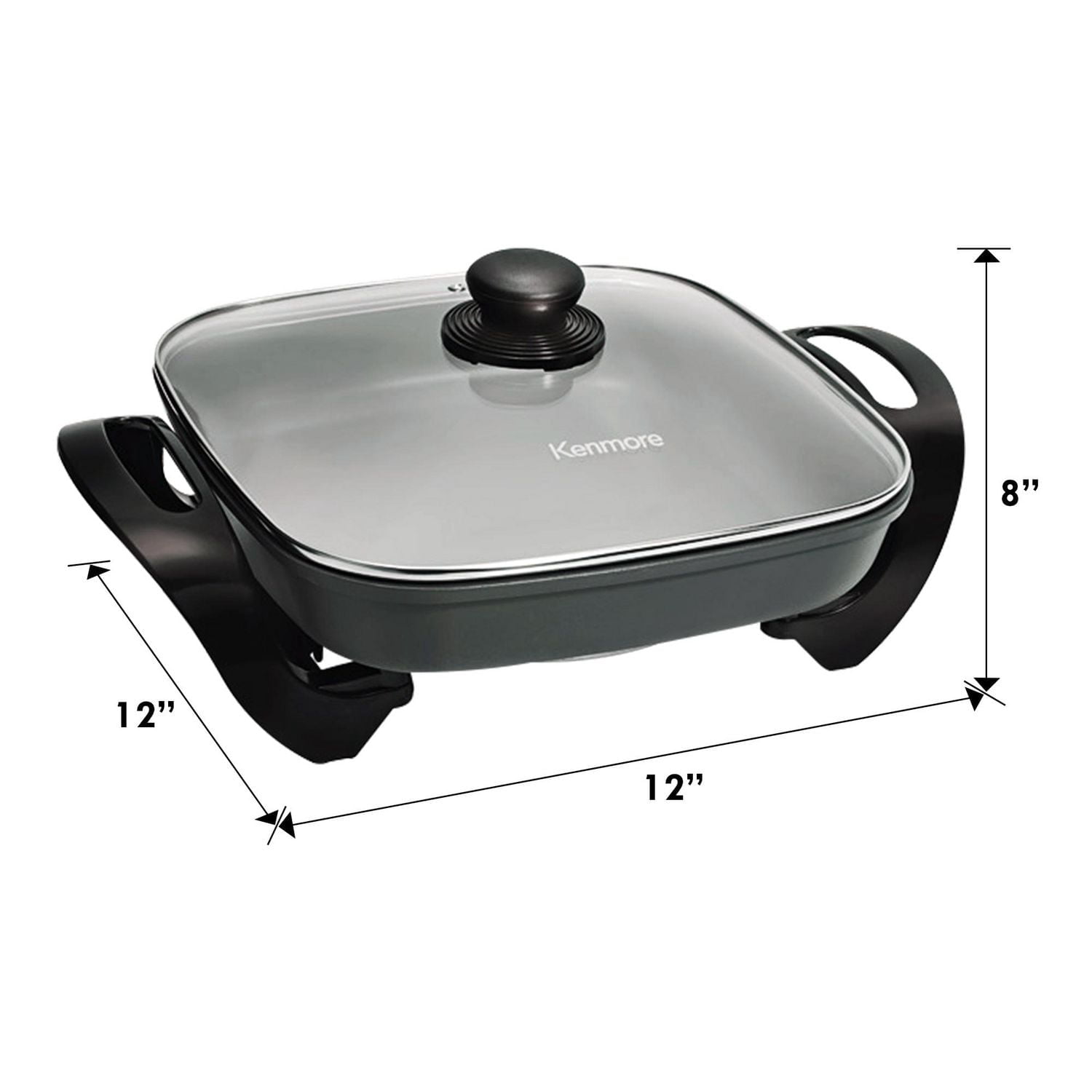 Kenmore Non-Stick Electric Skillet, 12x12" with Glass Lid, Black/Grey