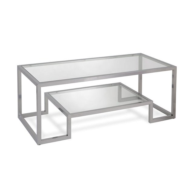 Henn&Hart CT0065 Rectangular Coffee Table with Tempered Glass Top and Steel Frame, Nickel