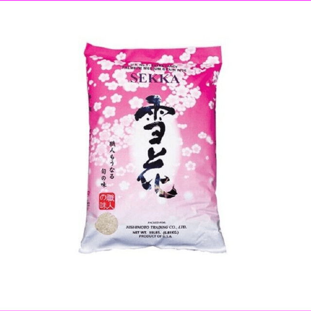 SEKKA RICE bag with pink and white cherry blossom pattern and Japanese characters, containing 15 lbs (6.8 kg) of AL PREMIUM medium grain rice by Nishimoto Trading Co., suitable for pantry food and specialty rice recipes.