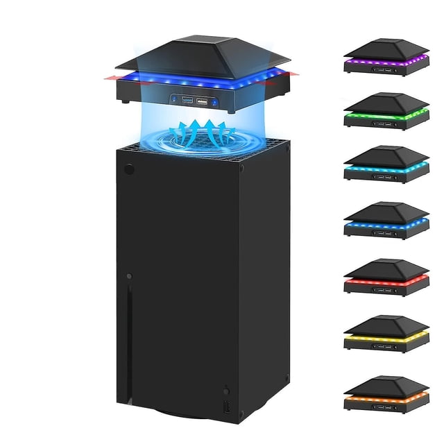 JIUOU Ventilateur de Refroidissement pour Xbox Series X, Système de Refroidissement Monté sur le Dessus avec Lumières DEL RVB, Vitesses de Ventilateur Réglables et Deux ports USB pour le Chargement et le Transfert de Données. Conçu pour Améliorer la dissipation de la Chaleur à Travers les Évents d'Évacuation de la console, Il Empêche la Surchauffe et Prolonge la Durée de Vie de la console. Idéal pour les Accessoires de Jeu et pour Maintenir les Performances de la console.