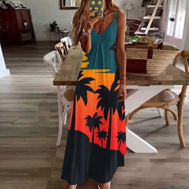 EGNMCR Robes d'Été Femmes Tendance 2024 Robe Imprimée à Bretelles Dos Nu pour Femme Printemps/été