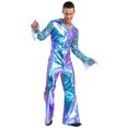 thumbnail image 2 of iiniim Men Shiny Metallic Jumpsuits 70s Disco Dance Leotards Stage Performance Costume Wide Leg Rompers Blue S, 2 of 7