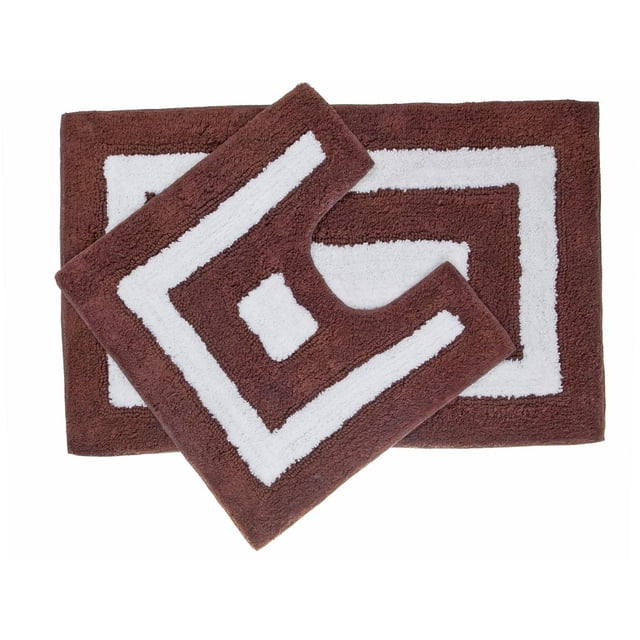 2Pc Cotton Bath Mat Set (White/Choc Border) with two brown cotton bath mats featuring white geometric borders, including one with a U-shaped cutout for bathroom fixtures. These 20 by 32 inch absorbent, non-slip mats keep feet dry and safe, suitable as bathroom accessories.