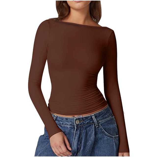 Dealovy Womens Long Sleeve Shirts Round Neck Slim Fitted Going out Tops Solid Color Basic Undershirts