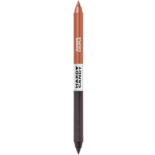 Hard Candy Party Lines 2-In-1 Pencil Eyeliner Duo in Power Couple showing a dual-ended pencil with matte espresso and metallic copper shades, designed for smooth, smudge-proof application to define and brighten eyes with up to 12 hours wear.