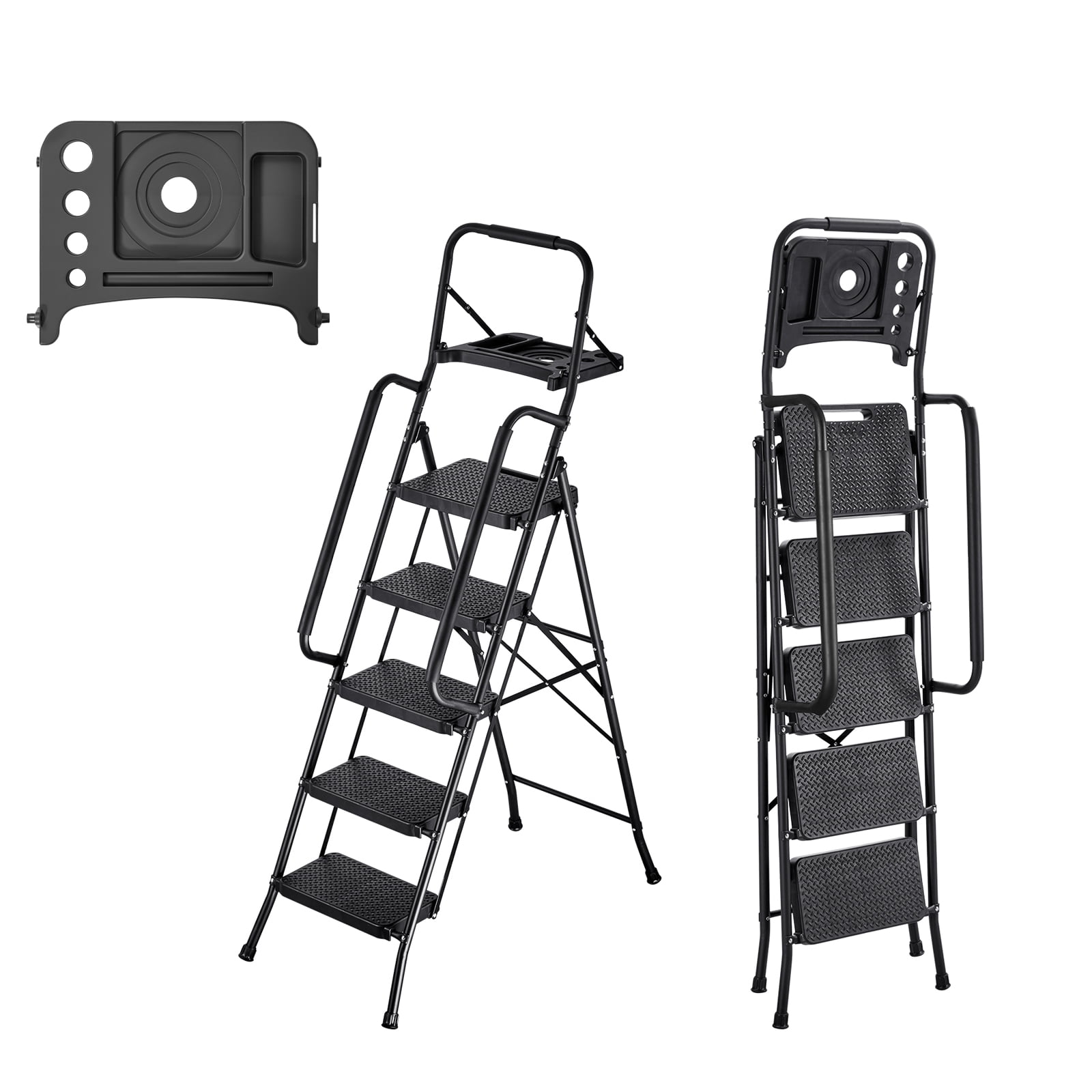 KFFKFF 5 Step Ladder, Folding Step Stool with Wide Anti-Slip Pedal, Tool Tray, Dual Side Handrails, 600 lbs Capacity Portable Steel Ladder, Multi-Use for Kitchen, Black