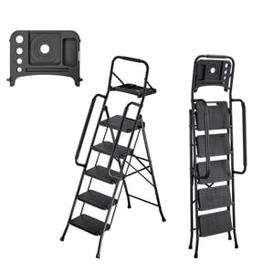 KFFKFF 5 Tabouret pliant avec large pédale antidérapante, bac à outils, double poignée latérale, 600 lbs Capacité Échelle en acier portable, Multi-Utilisation pour la cuisine, Noir