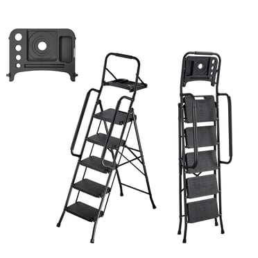 KFFKFF 5 Step Ladder, Folding Step Stool with Wide Anti-Slip Pedal, Tool Tray, Dual Side Handrails, 600 lbs Capacity Portable Steel Ladder, Multi-Use for Kitchen, Black
