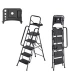 KFFKFF 5 Step Ladder, Folding Step Stool with Wide Anti-Slip Pedal, Tool Tray, Dual Side Handrails, 600 lbs Capacity Portable Steel Ladder, Multi-Use for Kitchen, Black