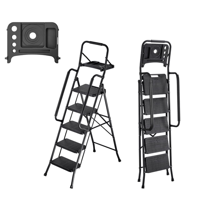 KFFKFF 5 Step Ladder in black, featuring a folding design with wide anti-slip pedals, dual side handrails, and a tool tray. Made of durable hot-rolled steel, it supports up to 600 lbs. The ladder includes a textured top platform, ergonomic handgrips, and non-skid feet for stability. Shown in both expanded and folded configurations, it is suitable for household tasks like cleaning, painting, and organizing.