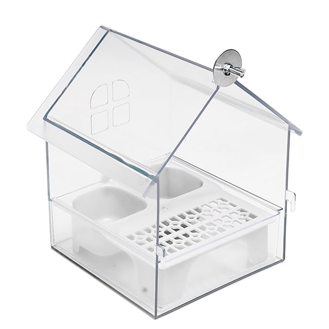 Pull-Out External Parrot Feeder and Transparent Hanging Bird Bath for Cage - No Mess Design with Pull-Out Tray, Two Food Slots for Small Medium Birds, Easy to Fill and Clean