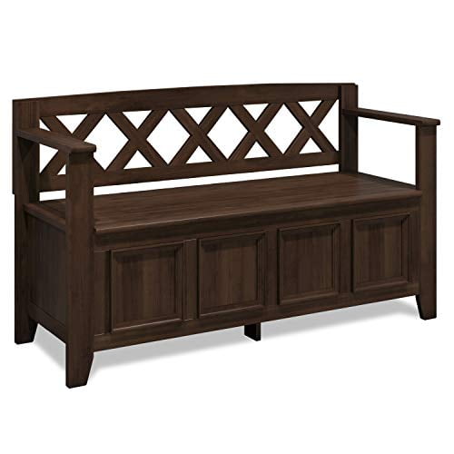 SIMPLIHOME Amherst SOLID WOOD 48 inch Wide Entryway Storage Bench with Safety Hinge, Multifunctional Transitional in Natural Aged Brown