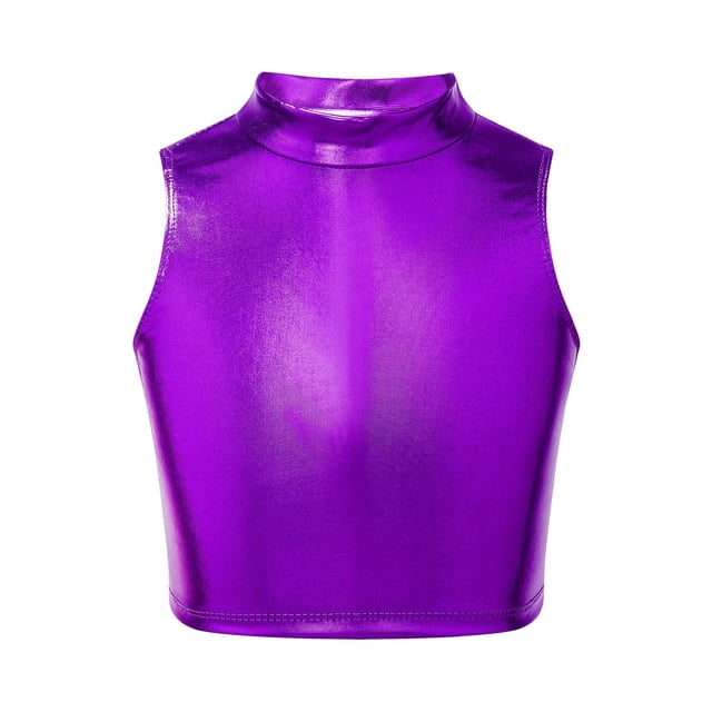 Oyolan Débardeur Court Métallisé Sans Manches à Col Roulé pour Filles Enfants, Ballet, Danse, Scène, Performance, Entraînement, Violet 8