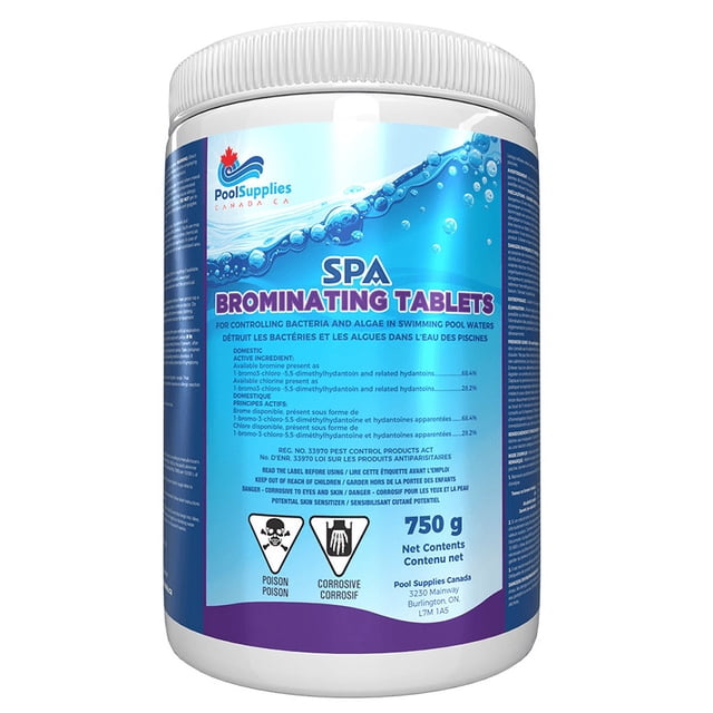 Spa Bromine Tablets (750g) by Pool Supplies Canada. Centered front-facing 750 g plastic tub with brand label; spa sanitizer for hot tubs and spas, dosing guidance add 5 g per 1,000 L, compatible with floating chemical dispensers, controls bacteria and algae.