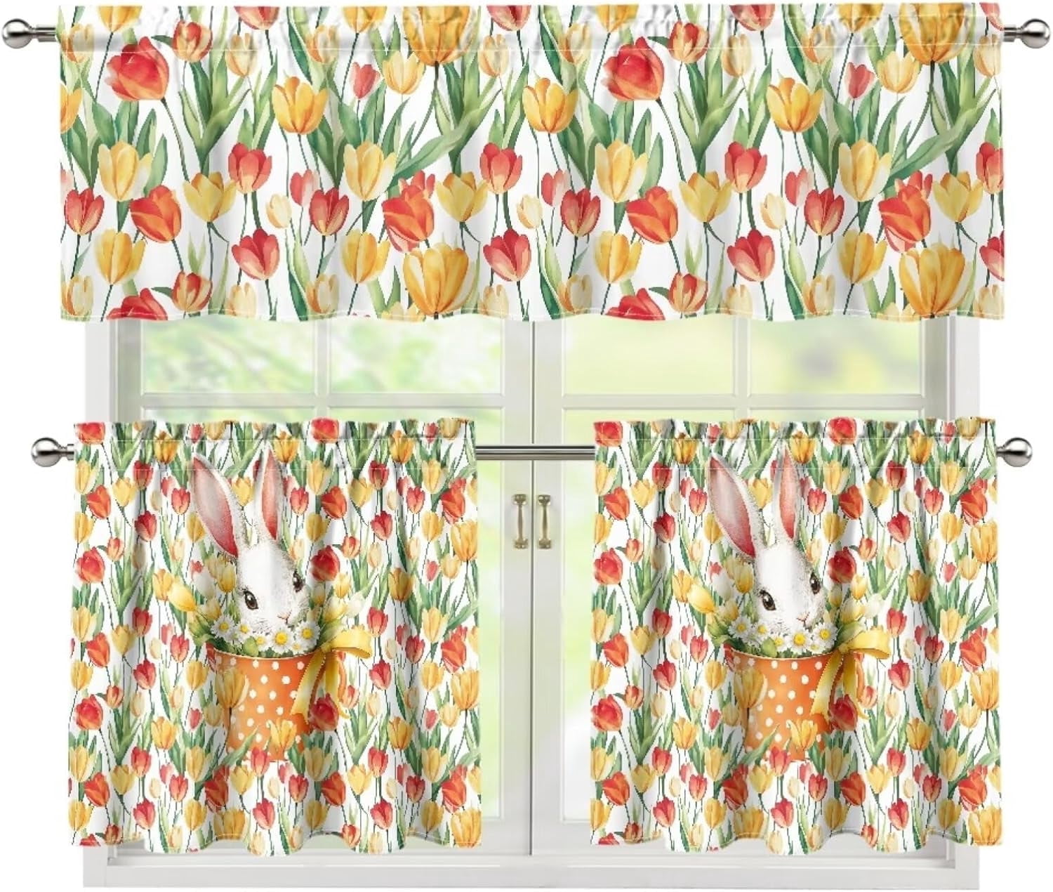 Tulip Flower and Rabbit Kitchen Curtain and Valance Set 3 Piece Blackout Kitchen Window Curtain Happy Easter Day Curtain Tiers and Valance,Size S