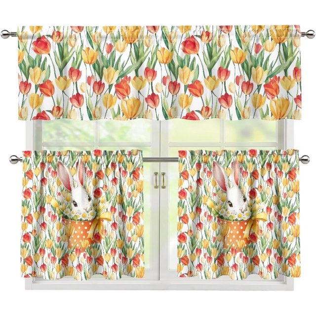 Tulip Flower and Rabbit Kitchen Curtain and Valance Set 3 Piece Blackout Kitchen Window Curtain Happy Easter Day Curtain Tiers and Valance,Size S