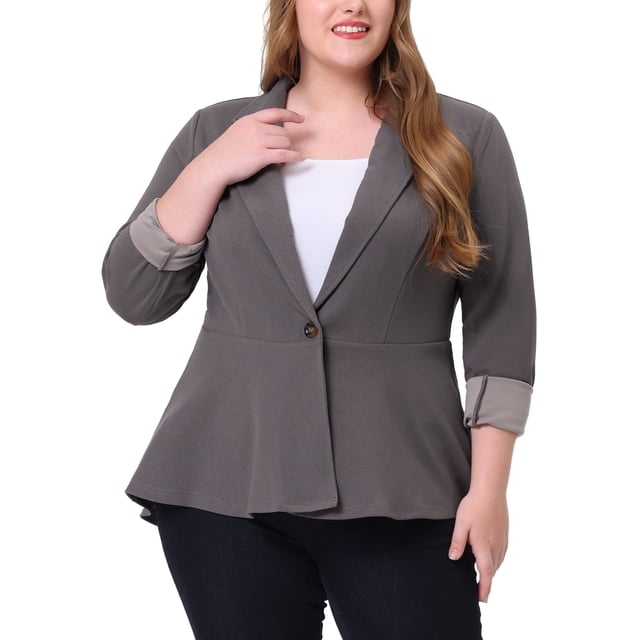 Agnes Orinda Women's Plus Size Blazer Button Notch Panel Ruffle Peplum Blazers 1X Gray