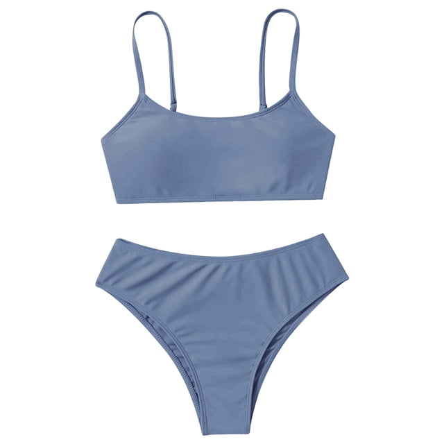 MIASHUI Girls' Beach Sport Bikini 2-Piece Swimsuit in navy, designed for ages 10-11 years. This girls' swimwear features a solid color bikini top with adjustable shoulder straps and a matching high-waisted bottom. Made from lightweight, breathable, and stretchable fabric, ideal for beachwear, swimming, vacations, and pool parties.