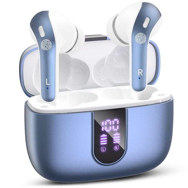 VEATOOL Bluetooth Headphones with 65H playback, true wireless earbuds featuring a blue and white design. The earbuds are displayed in an open wireless charging case with an LED power display showing battery levels. These IPX7 waterproof earphones support Type-C charging and are designed for comfort and secure fit, ideal for workouts and intense activities.