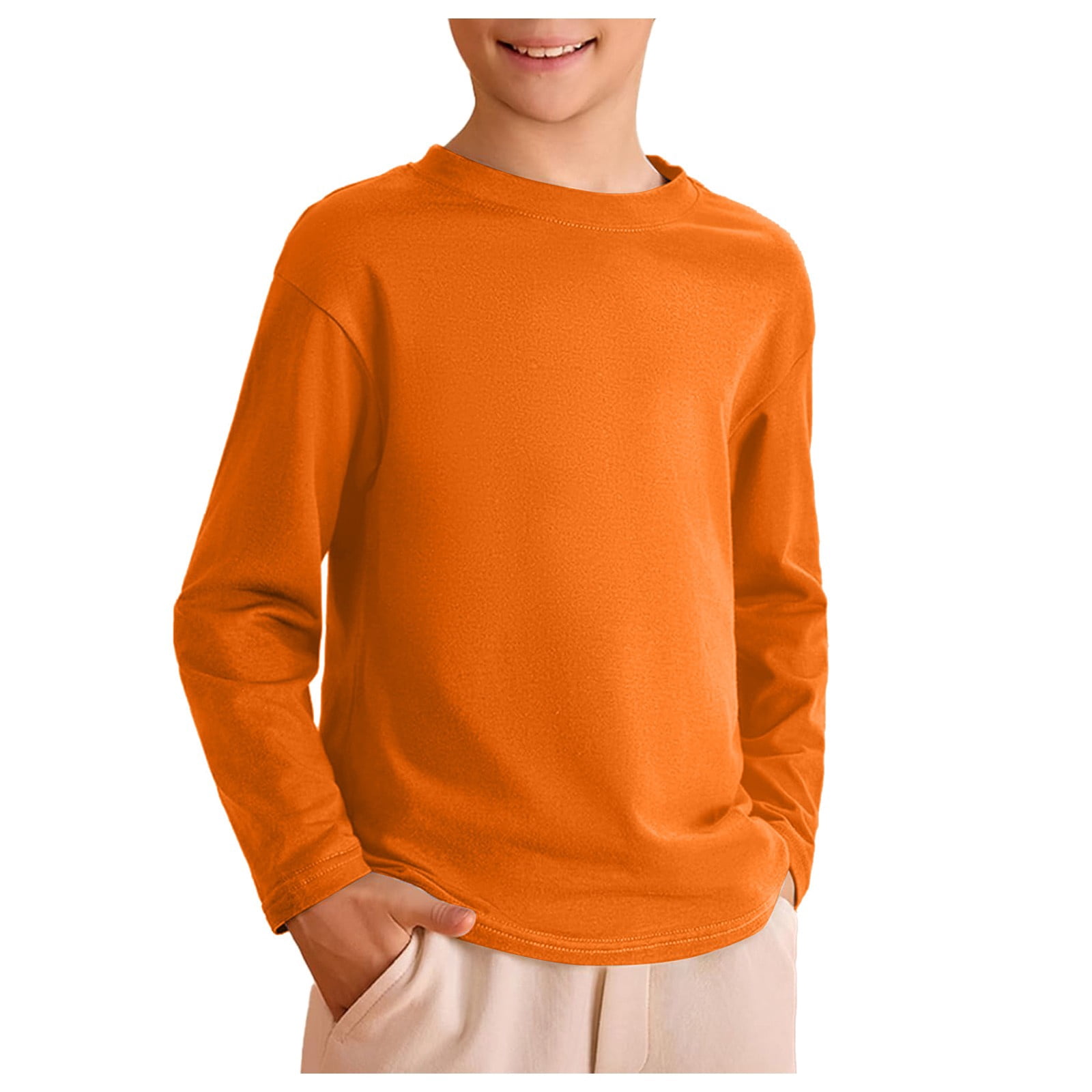 WUANDIXFA Chandail à Col Rond pour Tout-Petits Garçons Filles, Enfants Garçons Automne Coton Manches Longues T-Shirts à Col Rond Tee Hauts Orange, 6-7 Ans