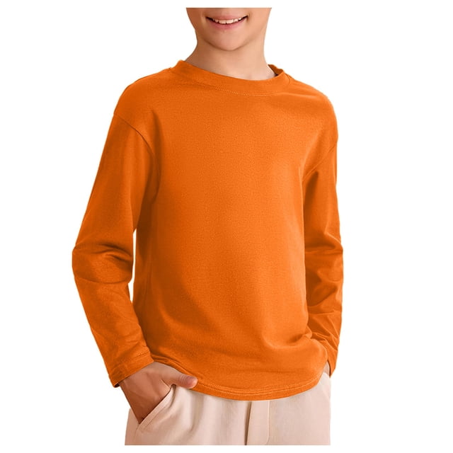 WUANDIXFA T-Shirts à Manches Longues pour Garçons pour Enfants Enfants Garçons Automne Coton T-Shirts à Manches Longues à Col Rond T-Shirts Hauts Orange, 1-2 Ans
